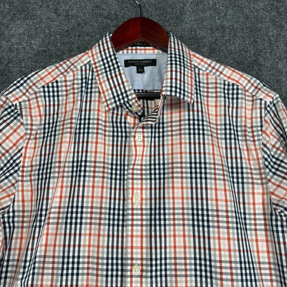 Banana Republic Shirt Mens Large Grant Fit Non Iron Orange Blue Cotton Plaid - Picture 5 of 9